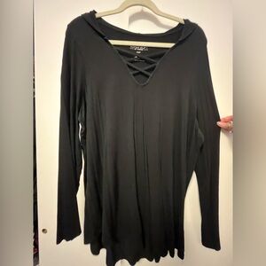 torrid Black Long-Sleeve V-Neck Top with Crisscross Detail and Hood